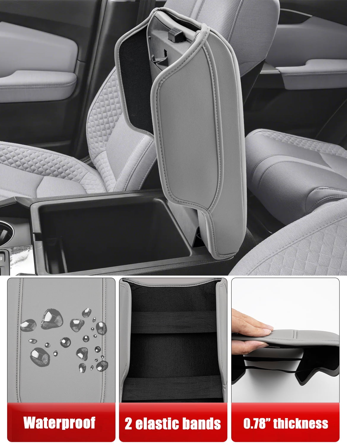 KBH Center Console Cover for 2023-2026 Honda Pilot with Leather Side Pockets, 2024 2025 2026 Honda Ridgeline/Passport Armrest Cover, Middle Console Lid Protector Interior Accessories, Gray