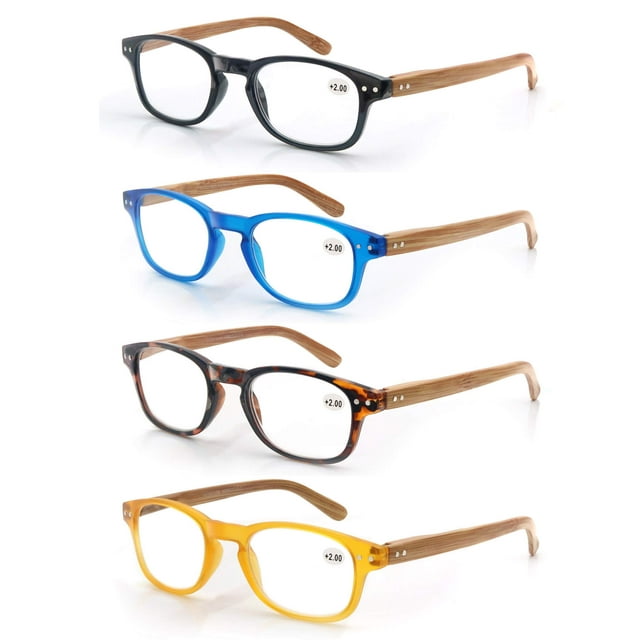 MODFANS Paquete de 4 gafas de lectura 3.5 Bisagras de resorte con apariencia de madera a la moda Lectores elegantes Hombres Mujeres