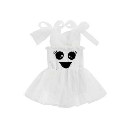 

Shunvnny Baby Girl Halloween Romper Tulle Dress Cotton Ghost Embroidery Pattern Tie Shoulder Strap Skit Hem Jumpsuit 0M 3M 6M 9M 12M 18M 24M Infant Newborn Clothes