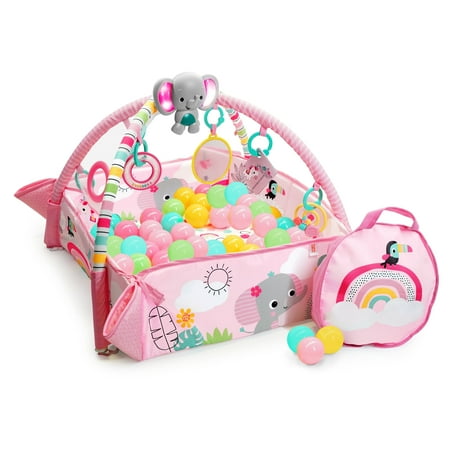 UPC: 0074451126251 | Bright Starts 5-in-1 Your Way Ball Play Baby Activity Play Gym & Ball Pit includes 7 toys Newborn to Toddler – Rainbow Tropics (Pink)