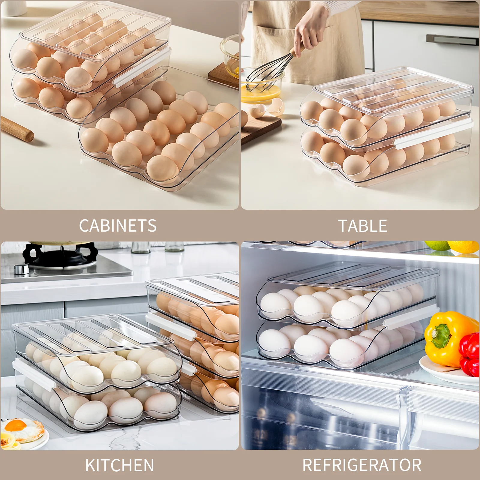 Egg Storage Organizer 2-Pack (4 Containers Total), Clear Stackable Auto-Rolling Egg Holder, 2-Layer Design Holds 18 Eggs Per Layer