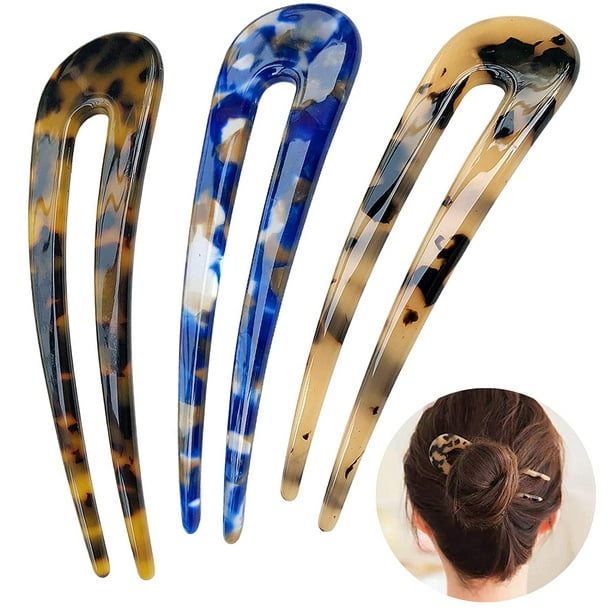 French Hair Forks Tortoise Shell U Shape Updo Hair Pins Clips for Thin  Thick Hair,  inch Classic Cellulose Acetate 2 Prong Bun Hair Sticks  Chignon Women Vintage Hairstyle Accessories, 3 Pack 