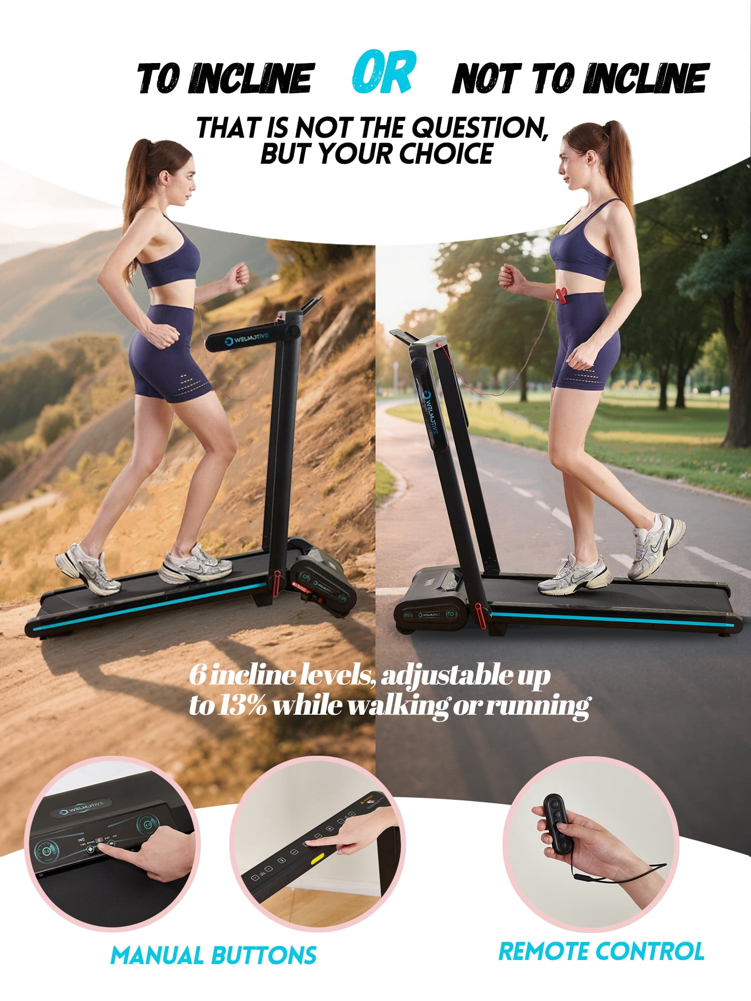 Welmotive Treadmill with Auto Incline Walking Pad Underdesk Foldable with Handlebar for Home Office Potable Compact Running Machine Caminadora Up to 13% 6 Levels Remote Control Indoor Fitness Black