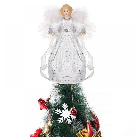 Christmas Angel Tree Topper with White Feather Wing, Christmas Tree Topper with LED Light for Tree Toppers Ornament Decoration