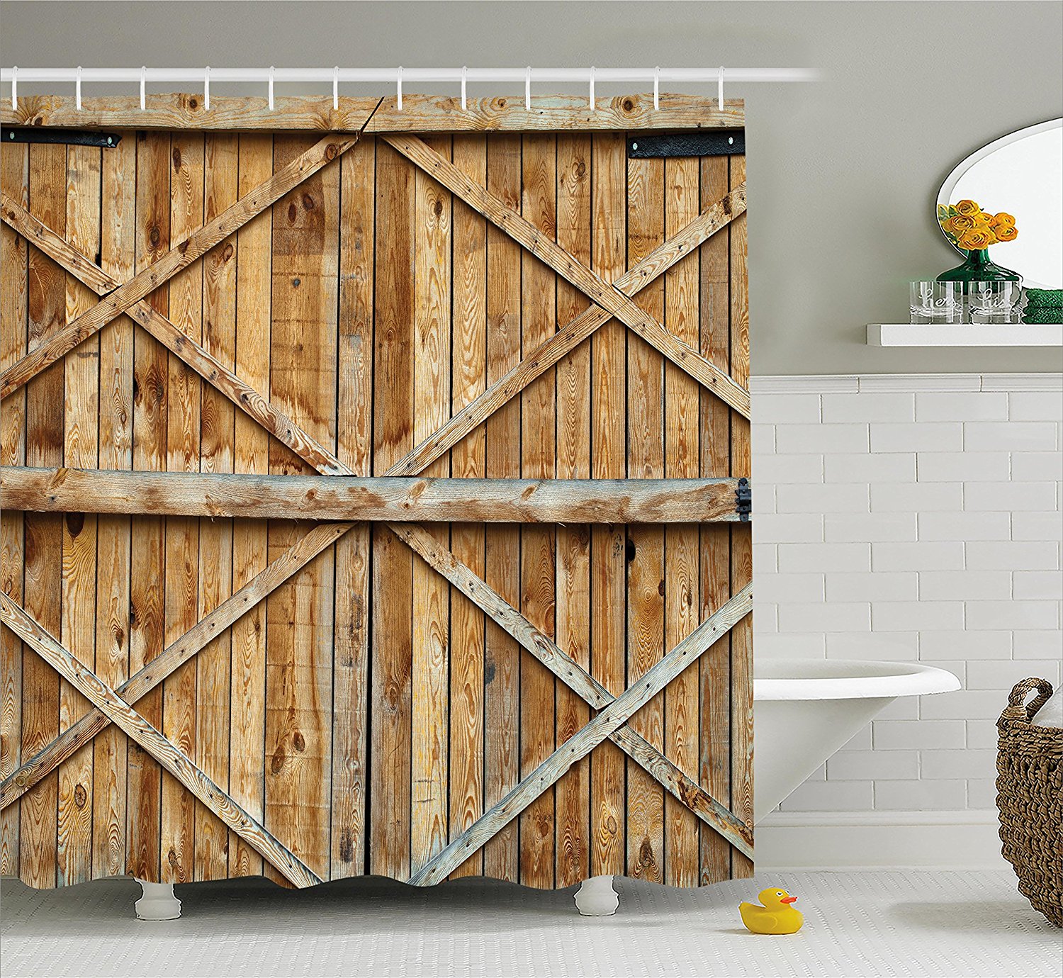 Rustic Shower Curtain by , Traditional Wooden Timber Door with Vertical and Cross Planks