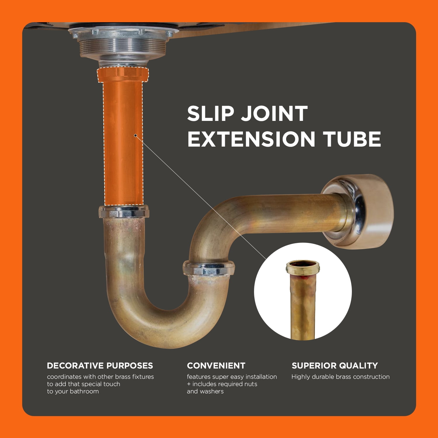 Highcraft 20-24122 Slip Joint Extension Tube for Tubular Drain Applications, 1-1/2 in. x 12 in., 20GA Brass