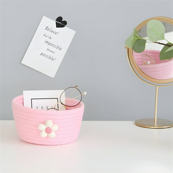 LAMIRO Burr Basket Floral Mini Woven Basket Round Cotton Rope Basket Small Storage Basket Pink Basket for Gifts