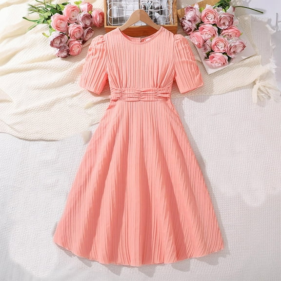 AUNVITO Little Girls Dresses Girls' Solid Color Short Sleeved Dress Adults' Casual and Comfortable Dress Summer Girls Clothes