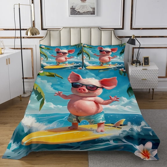 Erosebridal Pig Surfing Quilt Sets for Queen Size Bed,Cartoon Animal Bed Set,Bedroom Decor,Lightweight,3-Piece