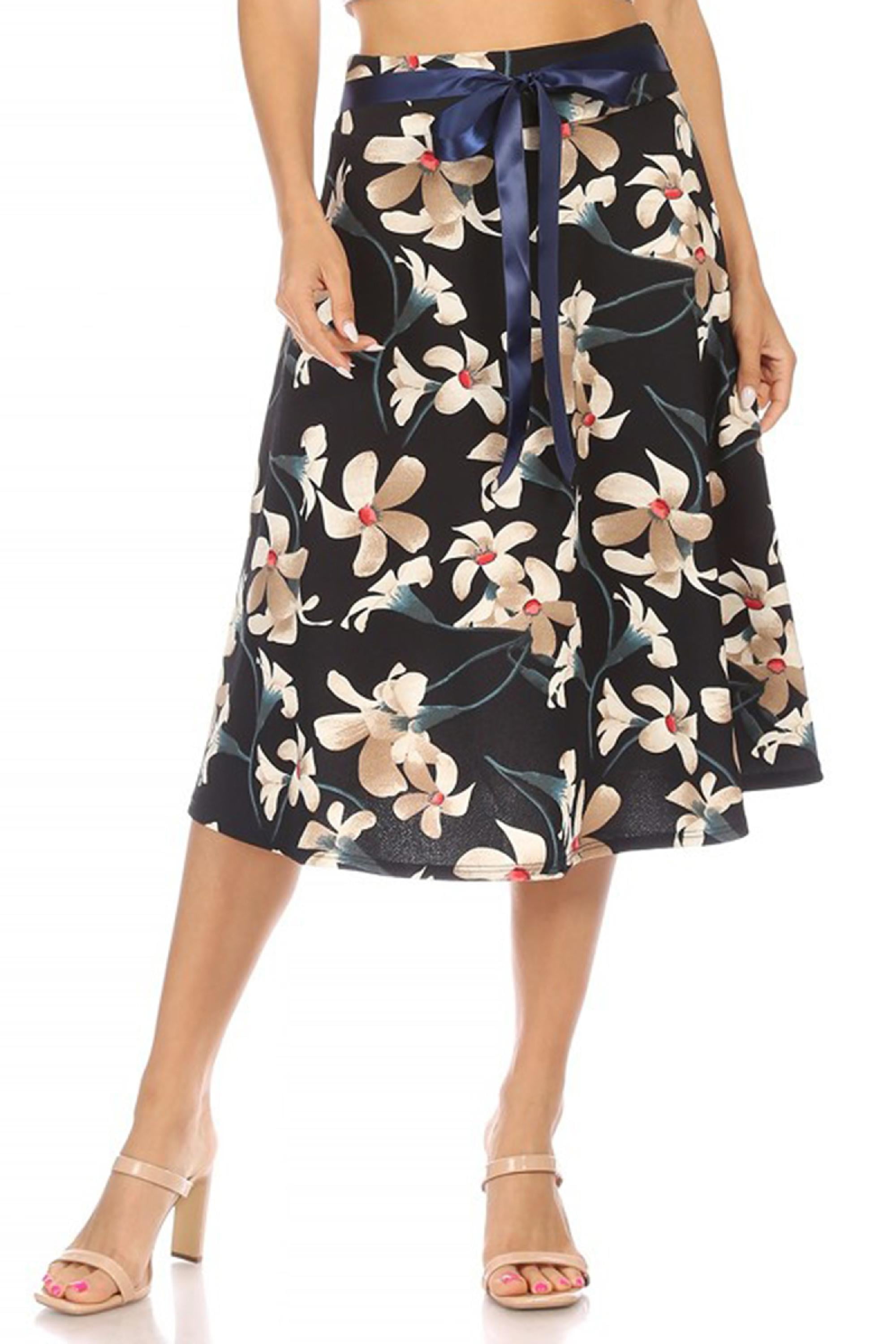 Women's Casual Floral Aline Printed High Waist Bow Tie Belted Knee
