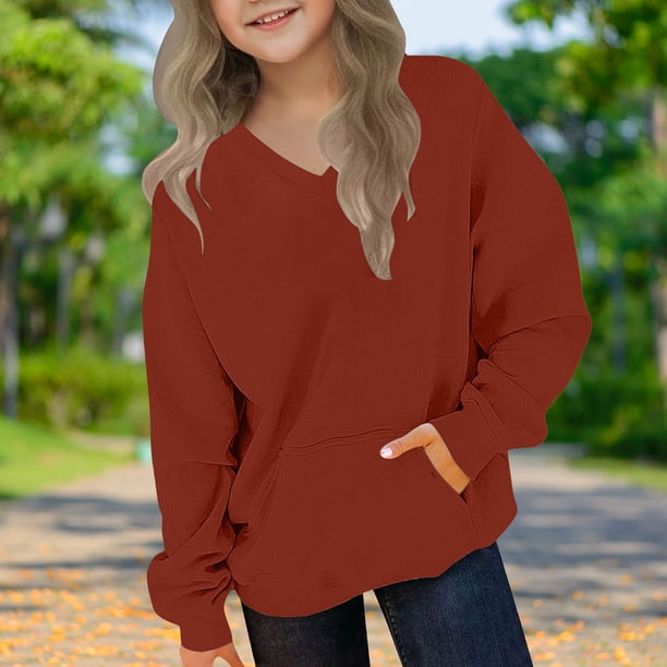 Blusas y camisas de manga larga con cuello redondo para niños y niñas, sudaderas casuales de manga larga, lindas sudaderas de gran tamaño con bolsillo de polar, chaquetas para niñas