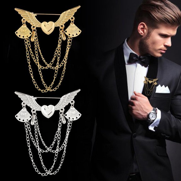 SmartBy Retro Angel Wing Heart Shirt Suit Collar Tip Lapel Brooch Pin with Chain Tassel
