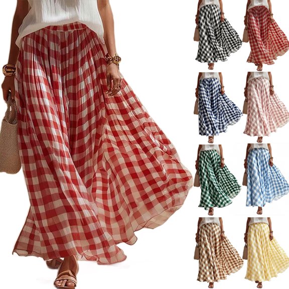 Maxi Skirts for Women Elastic Waist A Line Plaid Skirts Summer Casual Pleated Gingham Flowy Long Skirts, M