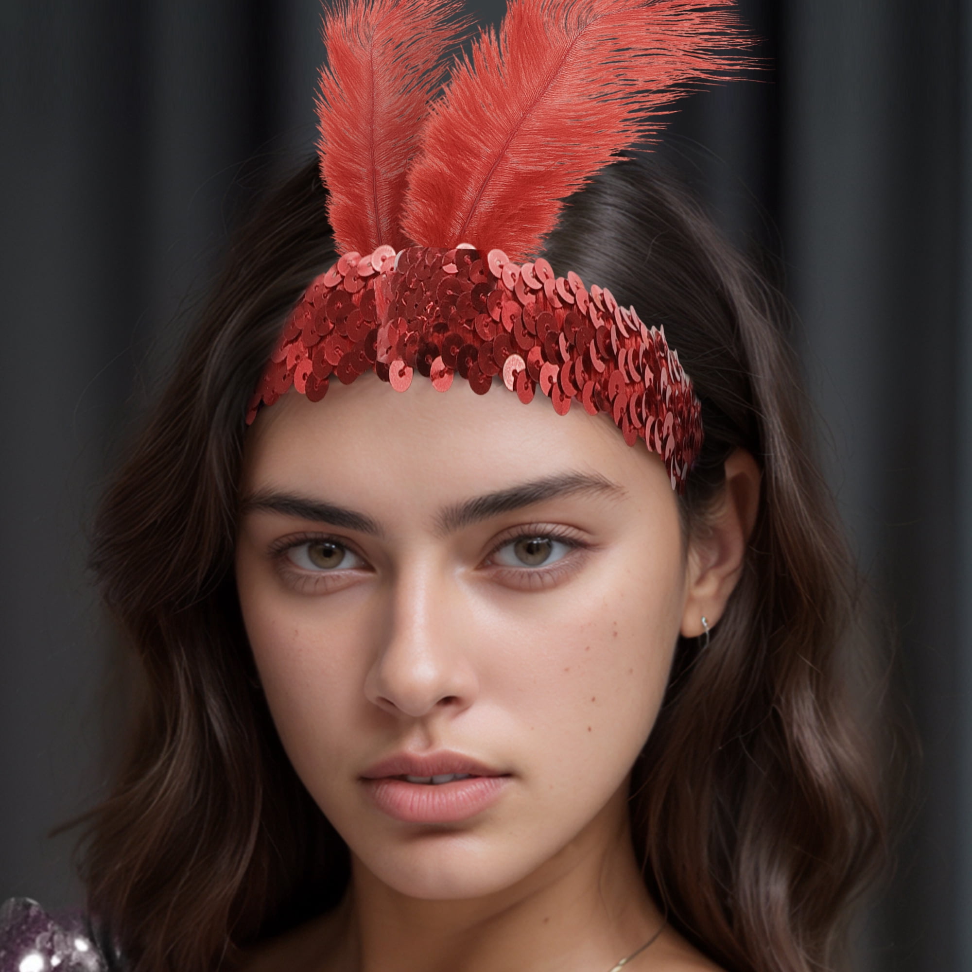 Unique Bargains Feathers Sequins Headbands 1 Pc Red