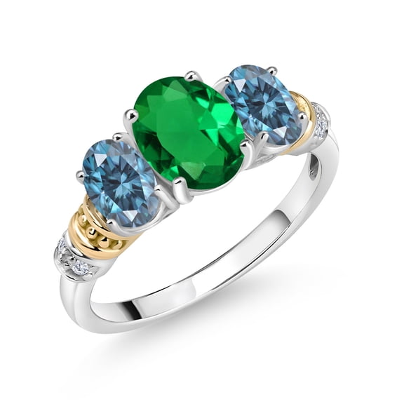 Gem Stone King 925 Sterling Silver and 10K Yellow Gold Oval Green Nano Emerald Persian Blue Moissanite and White Diamond 3 Stone Ring for Women (1.68 Cttw, Gemstone May Birthstone, Size 7)