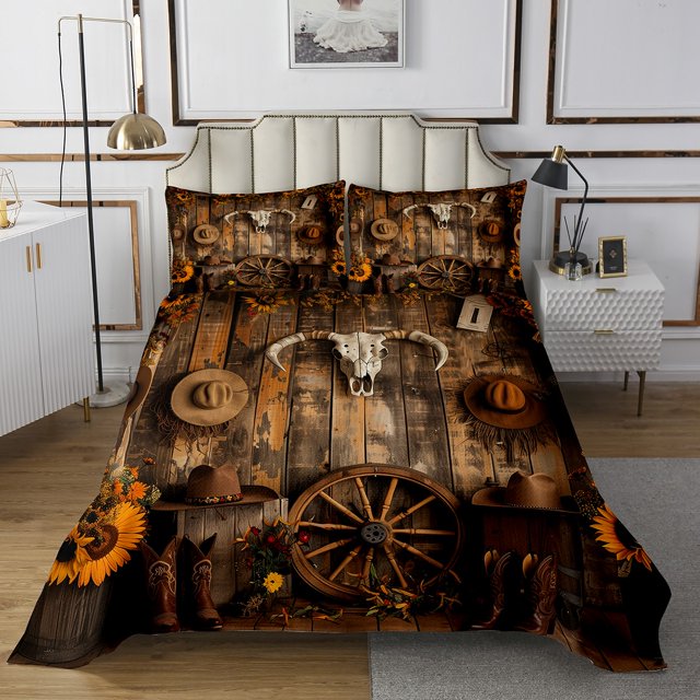 Erosebridal Western Boot Coverlet Set Queen, Vibrant Sunflower Floral Bedding Set, Rustic Cabin Decor