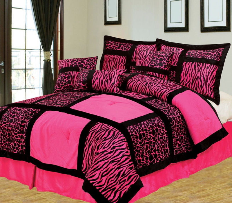 7 Piece Safari Pink And Black Patchwork Micro Suede Comforter Set