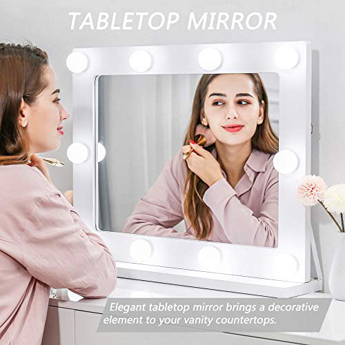 Tabletop or Wall-Mounted Waneway Vanity Mirror with Lights Hollywood Lighted Makeup Mirror with 10 Dimmable LED Bulbs for Dressing Room & Bedroom White Slim Wooden Frame Design
