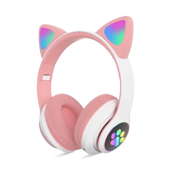 Rirool Cat Ear Bluetooth Headphones for Kids Girls - Wireless Headset w/Mic, 94dB Volume Limit, LED Lights, Foldable, for School/Travel Pink