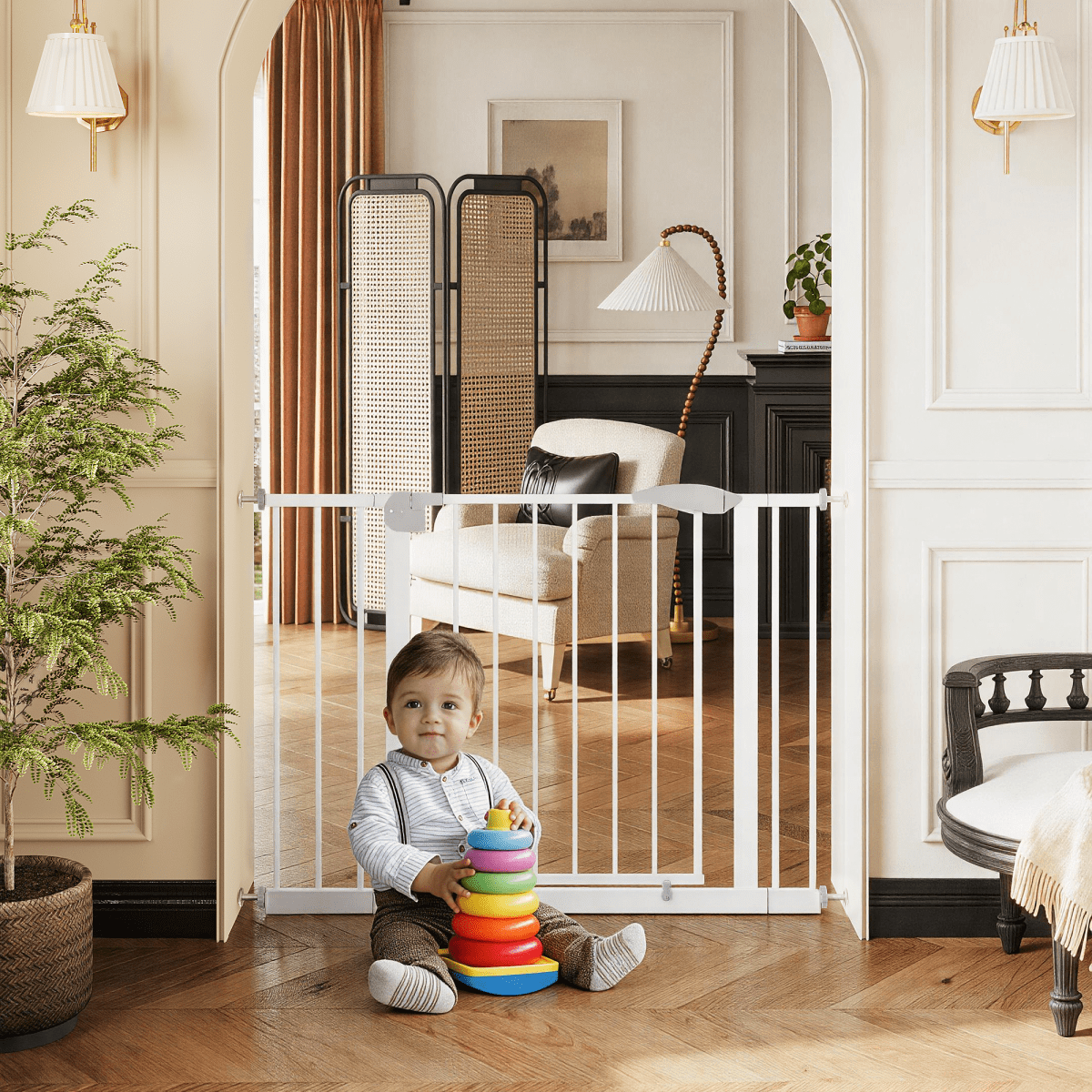 YINGYUE 29.5-44.1 Inch Wide Pressure Mounted Dog Gate, No Drilling Indoor Walk Through Safety Pet Barrier for Doorways Stairs, White
