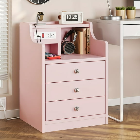 1pc Modern Nightstand with 3 Storage Drawers, End Side Table Beside Table with Charging Station & Hutch, Pink Night Stand, Small table in girls' bedroom, storage bedside table