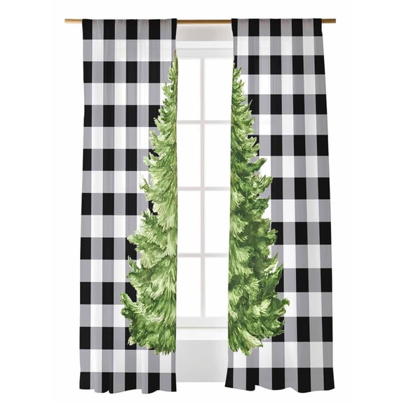 Christmas Tree Sheer Curtains 108 Inch Long 2 Panels, Winter Black And White Plaid Xmas Light Filtering Rod Pocket Semi Sheer Curtains, Sheer Voile Drapes for Living Room Bedroom, 52"x108"