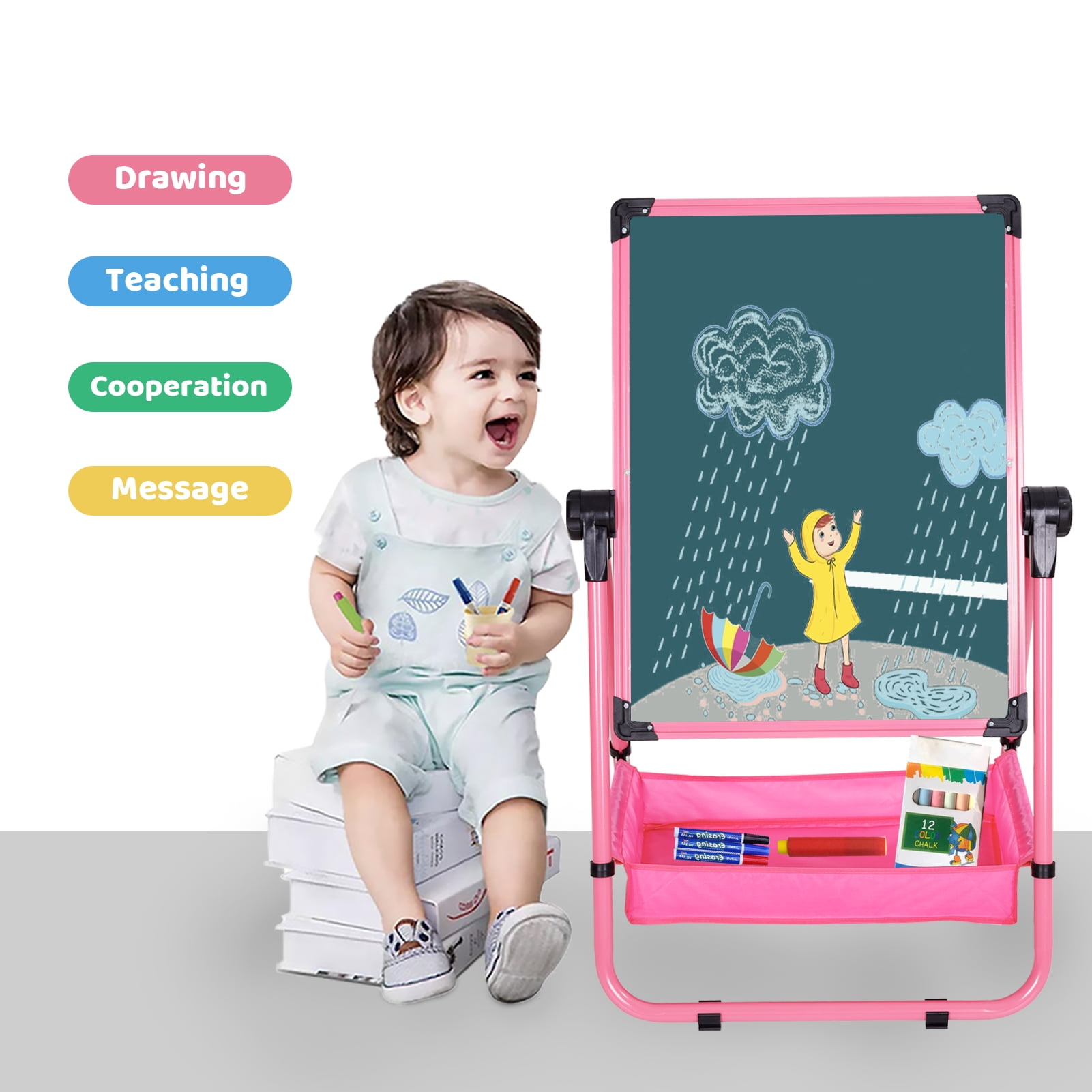 QZMTOY Kids Art Easel, Deluxe Standing Easel Set, Adjustable Art Table,  Magnetic Dry Erase Board&Chalkboard Double Sided Stand, 360°Rotating  Drawing