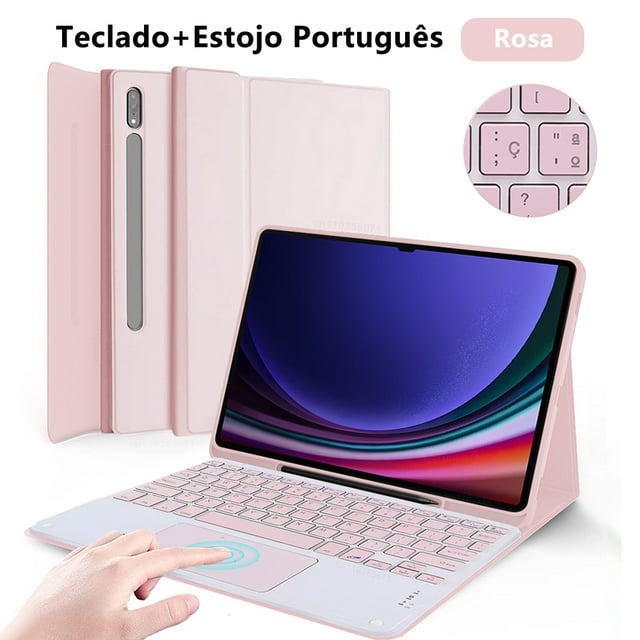 Keyboard For Samsung Galaxy Tab S9 S8 Ultra 14.6in Keyboard Case For Galaxy Tab S7 FE/S8 S9 Plus Tablet Bluetooth Keyboard Cover Portuguese Pink Tab S7 Plus 12.4in