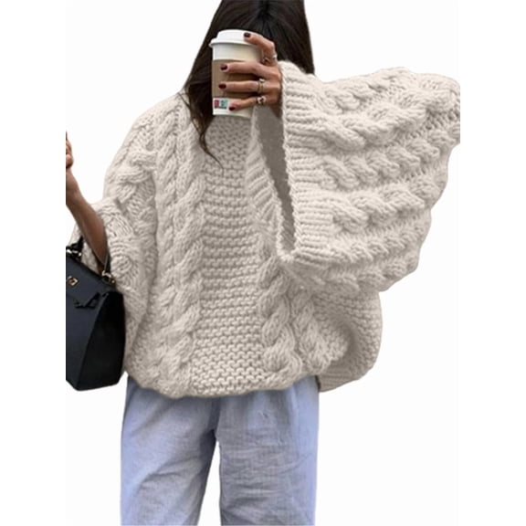 Women Oversized Sweater Chunky Cable Knit Sweater Knitted Sweater Pullover Trendy Fall Essentials Cream White L