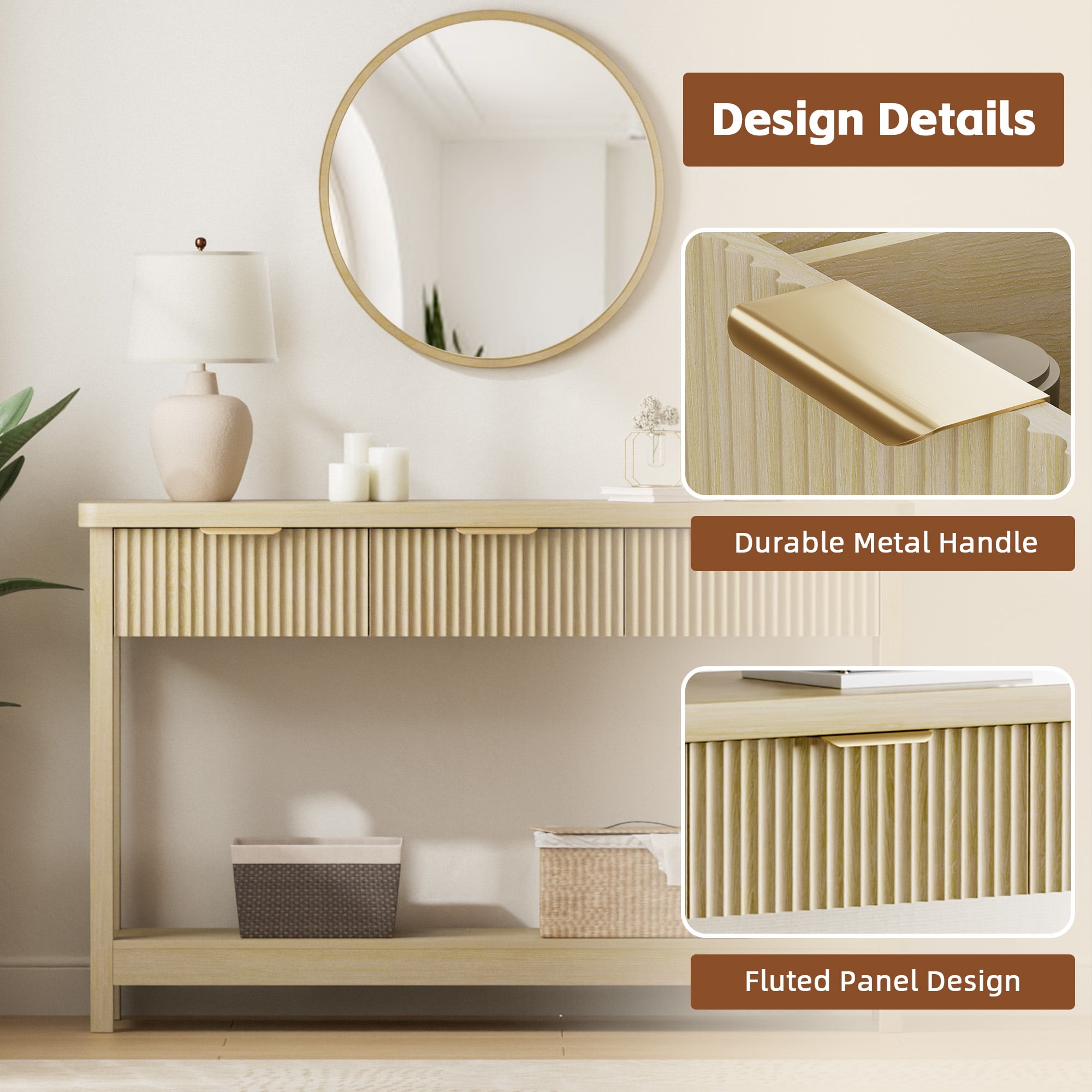 Aufeile 51" Entryway Table, Fluted Console Table with 3 Storage Drawers and Open Shelf, Narrow Couch Sofa Table for Living Room Hallway Entrance Foyer, Natural Oak