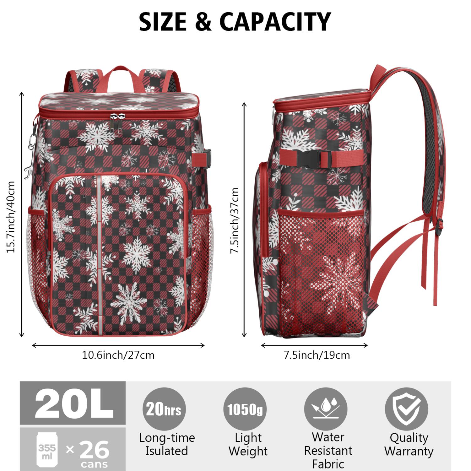 Travel Cooler Bag - Red and Black Checkered Christmas Snowflake Pattern Camping Beer Cooler Backpack with Bottle Opener- Waterproof Insulated Picnic Backpacks - Cooler Bag for Beach