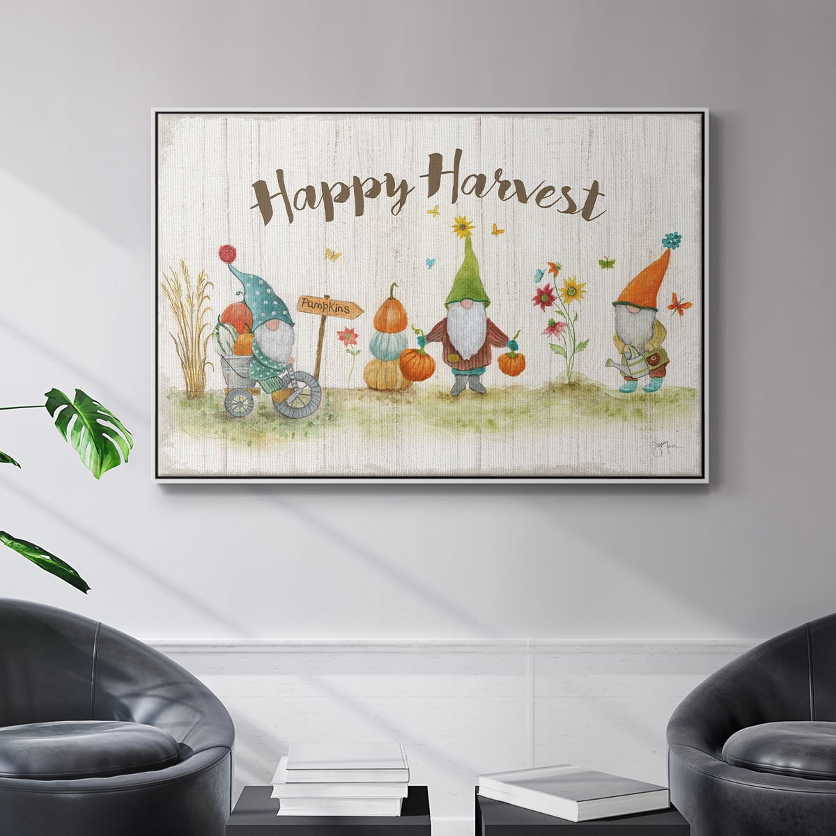 Gnome Harvest - Framed Gallery Wrapped Holiday Canvas - 27 x 41 - White Frame