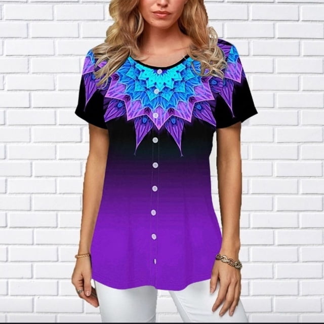 CHGBMOK Hauts Courts Grande Taille pour Femmes Col Rond Plumes Imprimé Manches Courtes T-Shirt Blouse Tops Été Plage Tops en Solde