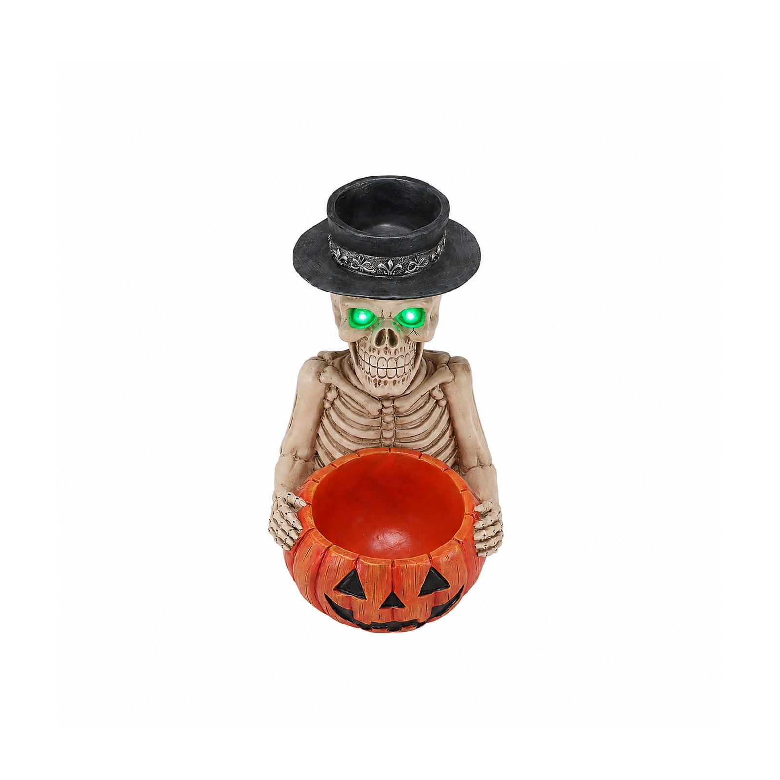 Skeleton Figurine 11.42 Inch, Halloween Candy Bowl and Candle Holder with Glowing Green Eyes, Spooky Tabletop Decor for Home and Party, White and Orange-Red
