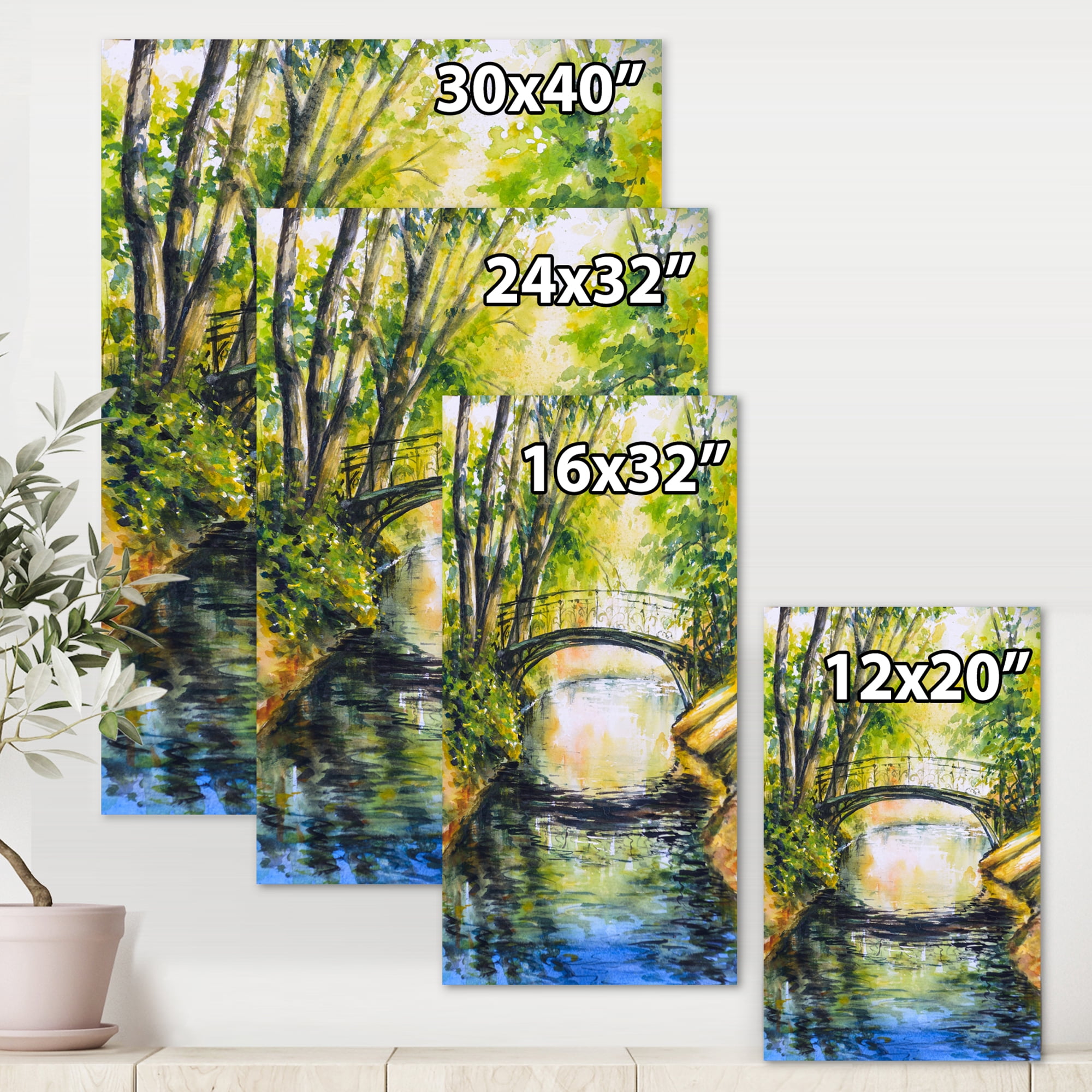 Forest Park With Bridge Over Troubled Water 8 in x 12 in Painting Canvas Art Print, by Designart