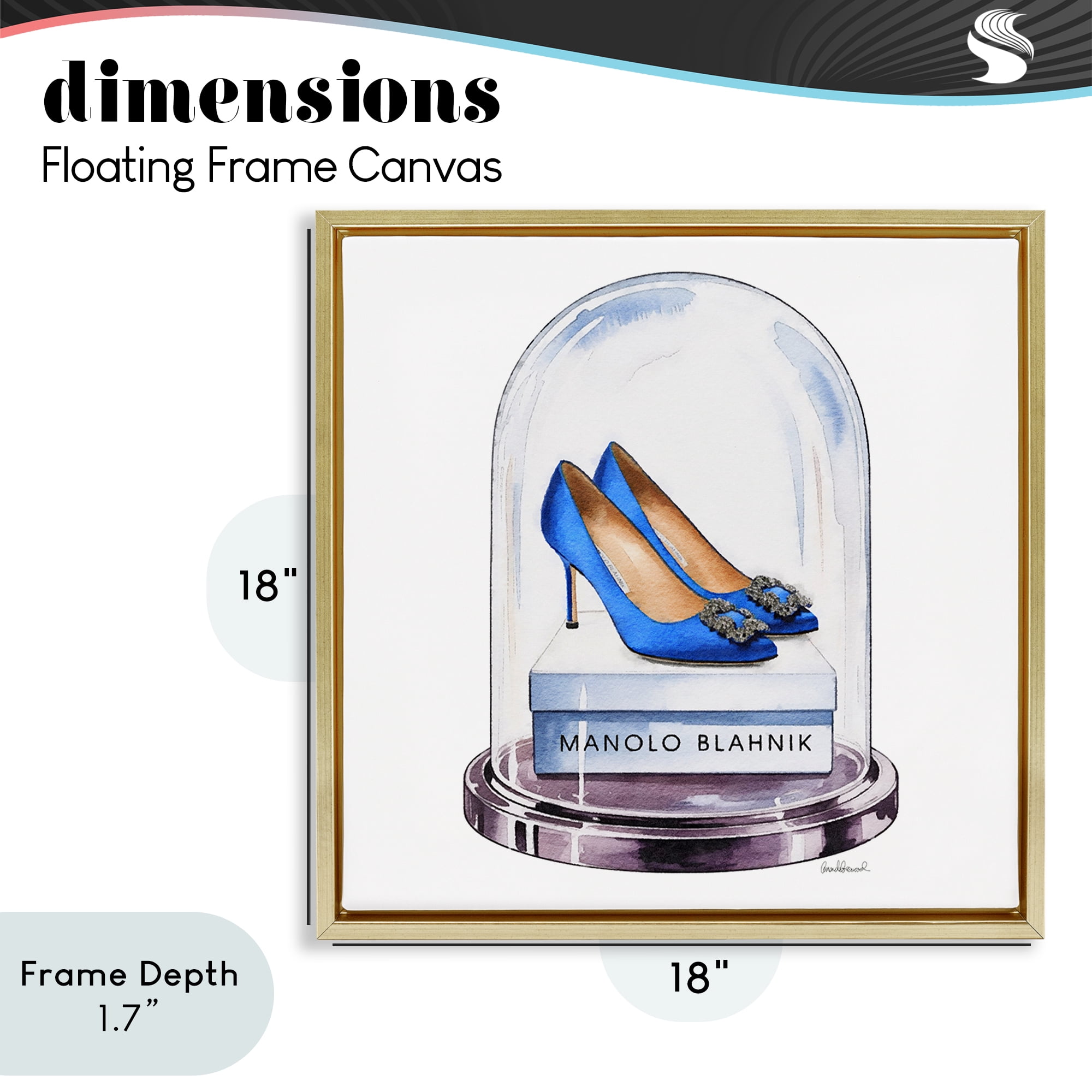 Stupell Industries Blue Heels in Bell Jar Gold Framed Floater Canvas Wall Art, design by Amanda Greenwood