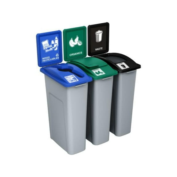 Sturdy Essentials Waste Wise 69 Gallon Recycled HDPE Waste and Recycling Center for Commercial Spaces for Organics, Recycling, Waste with Lids with Signs