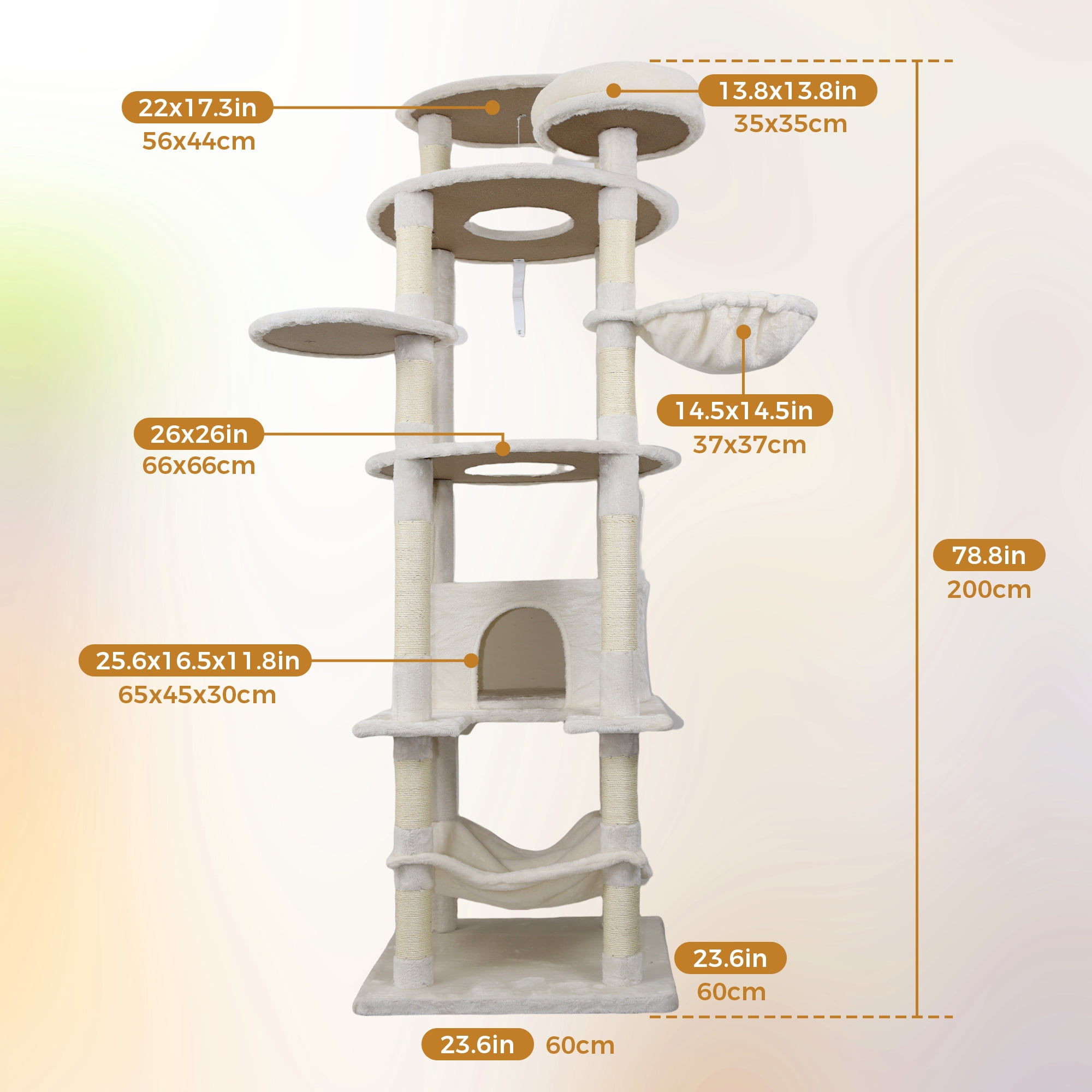 78-Inch Beige Cat Tree Tower with Large Condo, Sisal Scratching Posts, Big Hammock, and Perch Platform for Indoor Cats, Beige