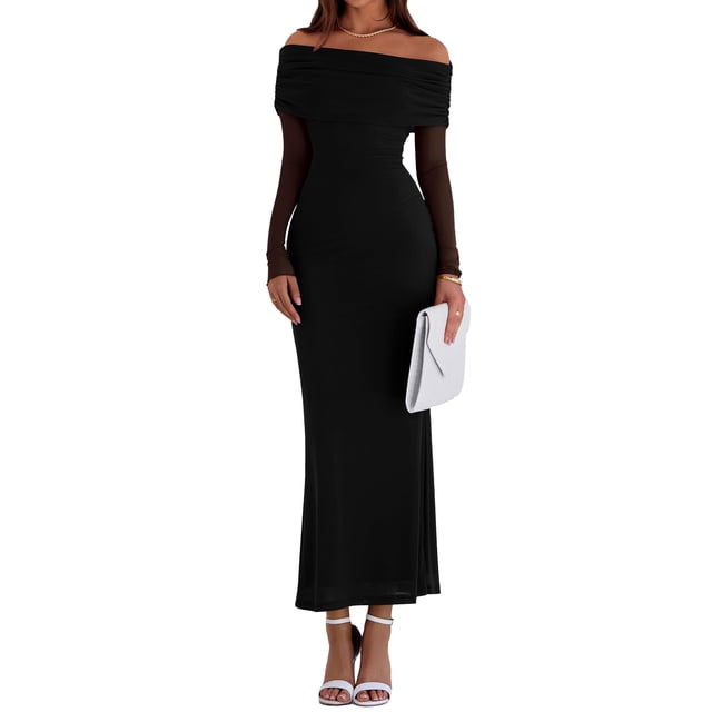 Vestido PRETTYGARDEN Maxi Ajustado con Mangas Largas y Hombros Descubiertos XL