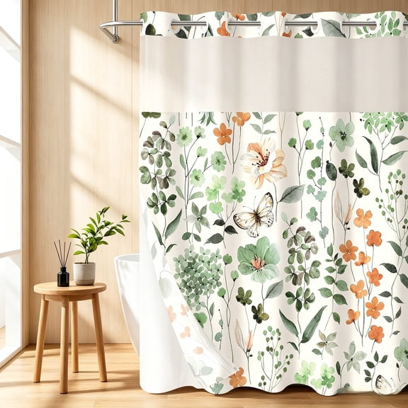 Bevtee No‑Hook Shower Curtain Set with Snap‑in Liner, Green Flower Butterfly Botanical Print for Bathroom, 71" x 74"