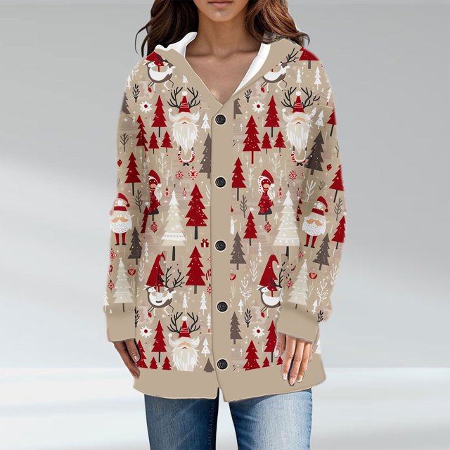 LOVZFMLL Cardigan pour Femmes Décontracté de Noël Imprimé Cardigan Tricoté Veste à Boutons Manteau