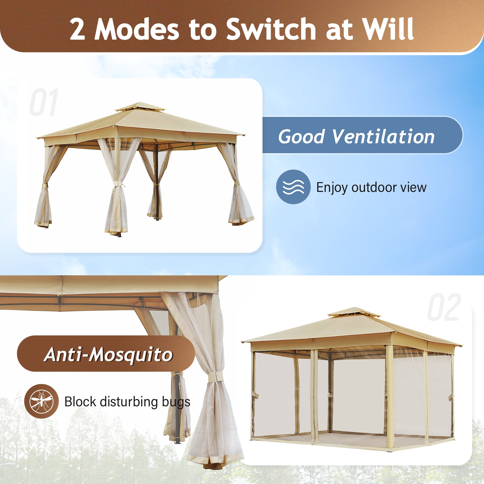 10'x12' Outdoor Gazebo Tent with Double Roofs, Patio Gazebo with Mosquito Netting, Patio Canopy for Backyard, Garden, Lawn and Deck,Beige