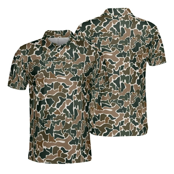 Vintage Camouflage Polo Shirt for Men Short Sleeve Outdoors Fishing Hunting