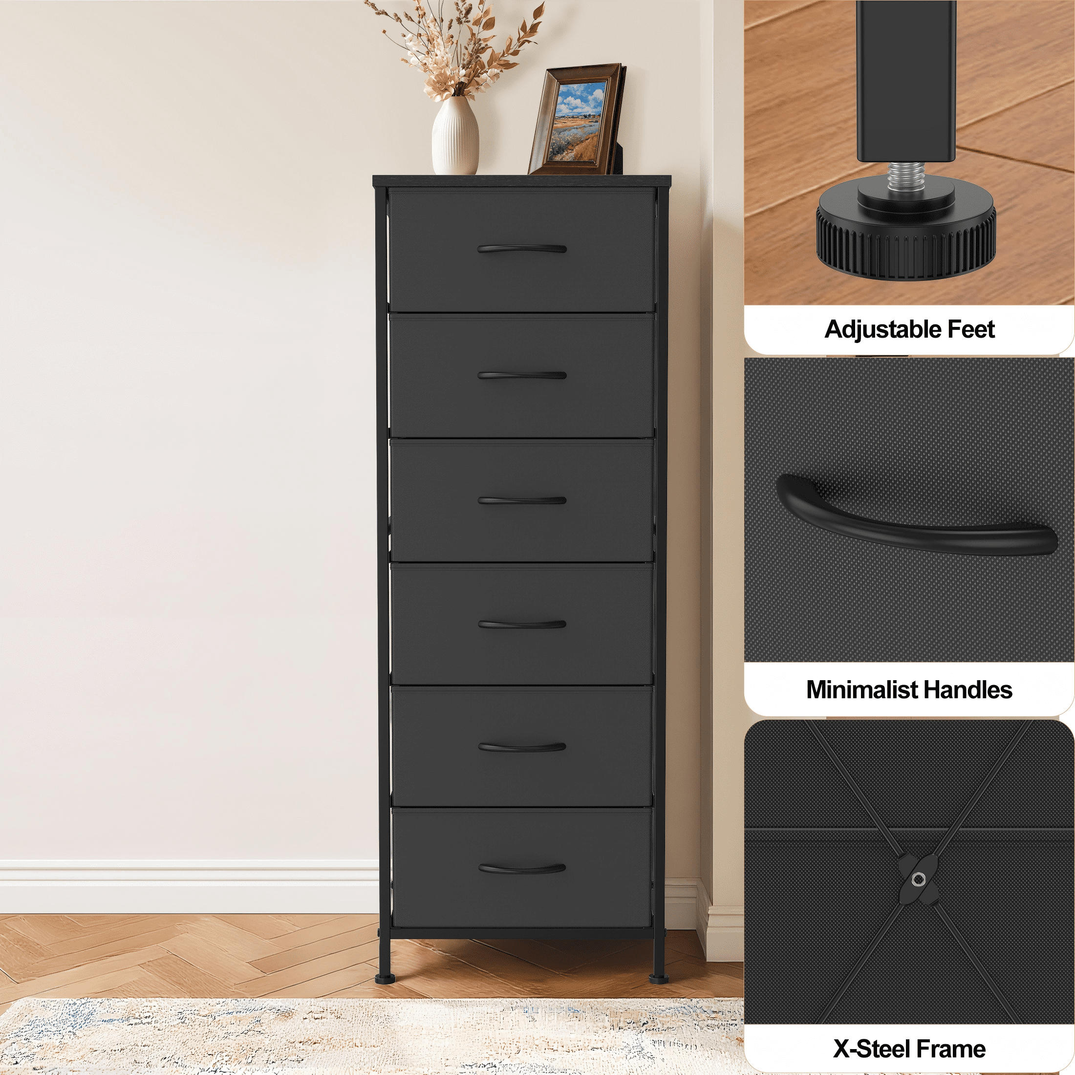 EZKAMFORT Tall  6 Drawer Dresser for Bedroom,  Chest of Drawers, Black Dressers Organizer, Drawers for Clothes