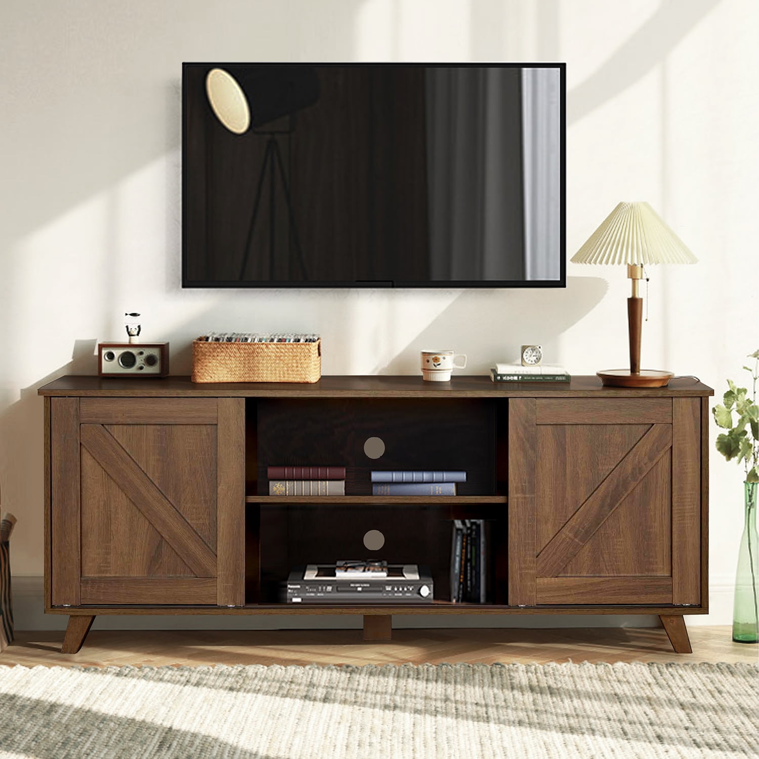 FurnitureR Farmhouse TV Stand Sliding Barn Doors Storage and
