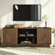 FurnitureR Farmhouse Meuble TV avec porte de grange coulissante Table console TV avec armoires de rangement et étagères pour téléviseurs jusqu'à 54", brun foncé