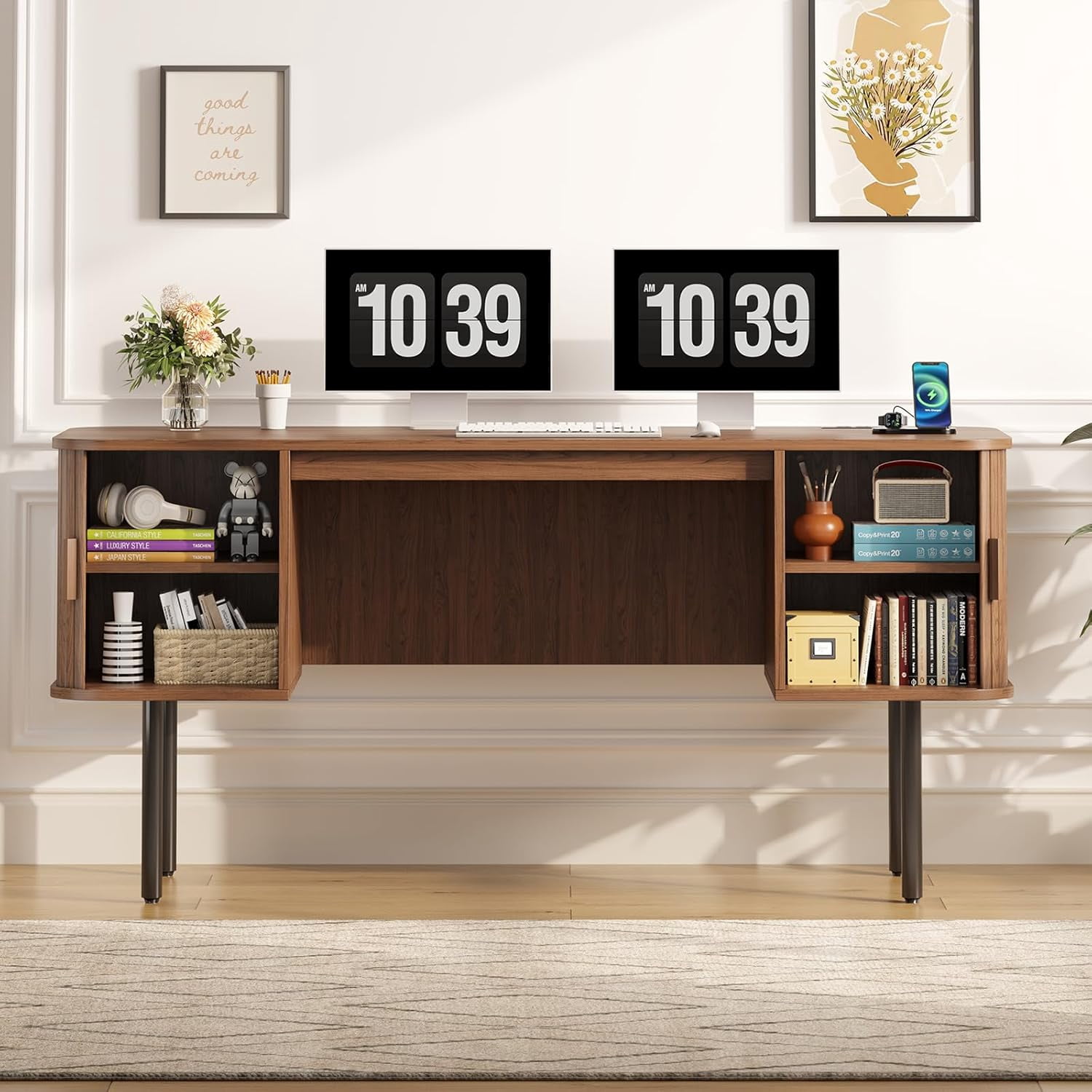 ONBRILL 63 Inch Fluted Computer Desk with Charging Station, Mid Century Executive Desk with 2 Storage Cabinets, Modern Home Office Large Desk with Metal Legs for Working, Studying, Writing, Walnut