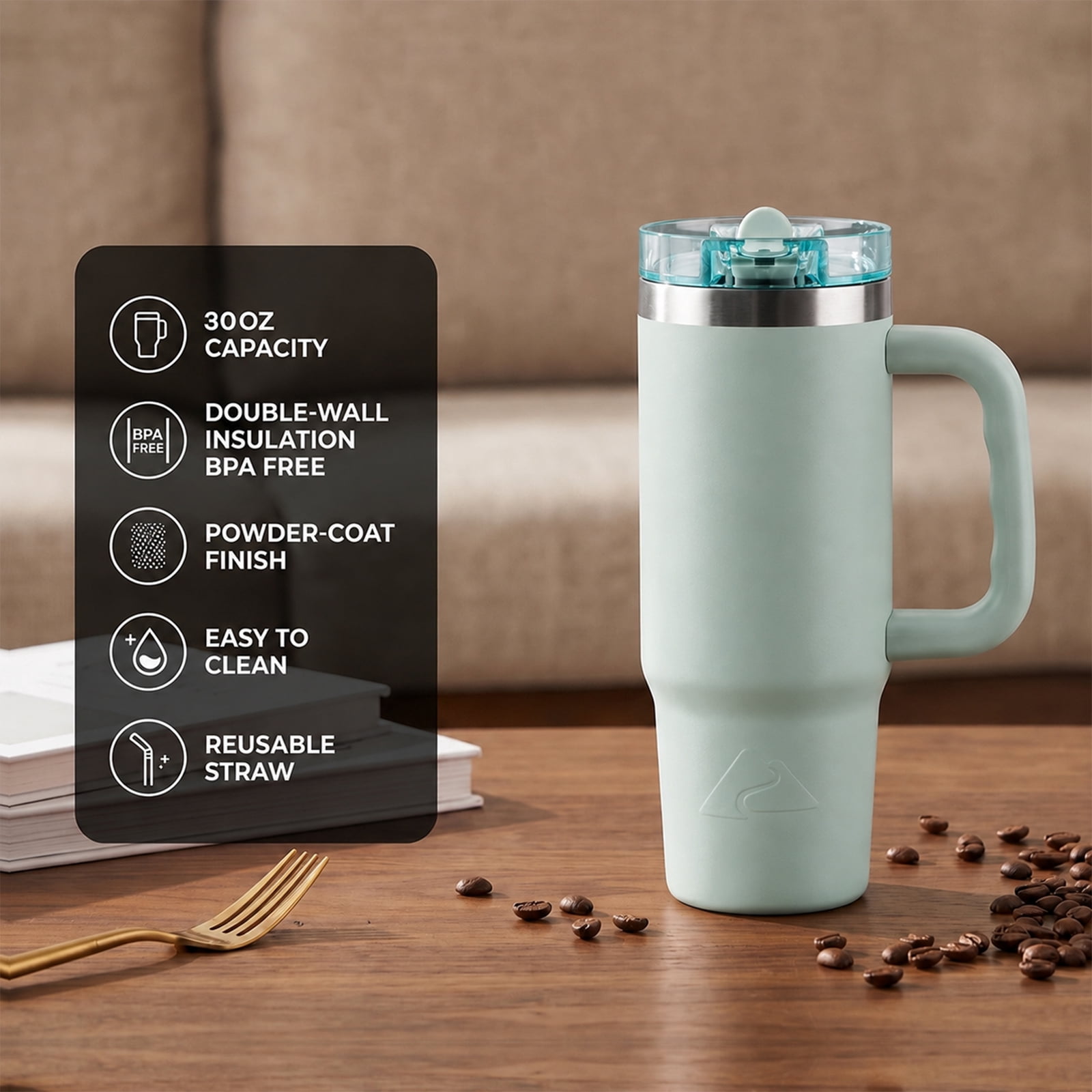 Ozark Trail 30 oz Insulated Stainless Steel Travel Tumbler with Handle and Flip Straw Lid, Sage Green