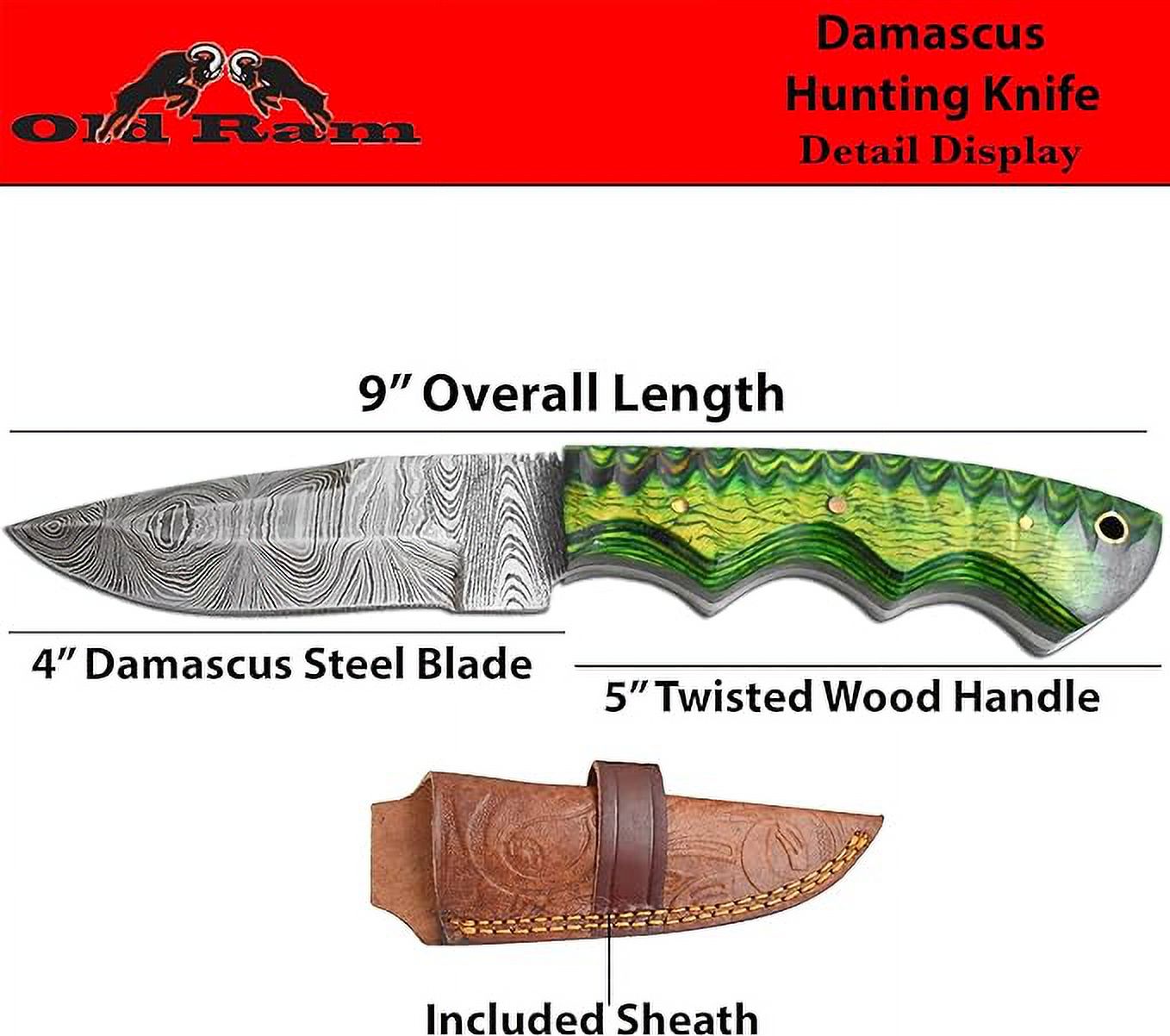 Old Ram Damascus Skinner Knife with Leather Sheath - 9" Twisted Green Wood Hunting Knife