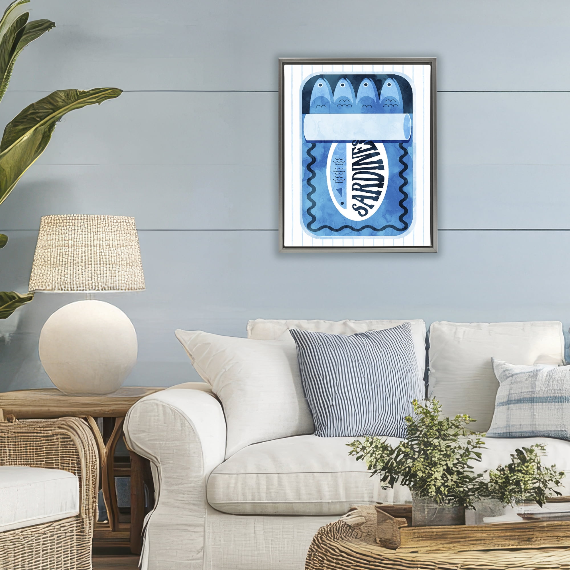 Blue Sardine Tin Over Stripes Gray Framed Floater Canvas Wall Art, design by Daphne Polselli